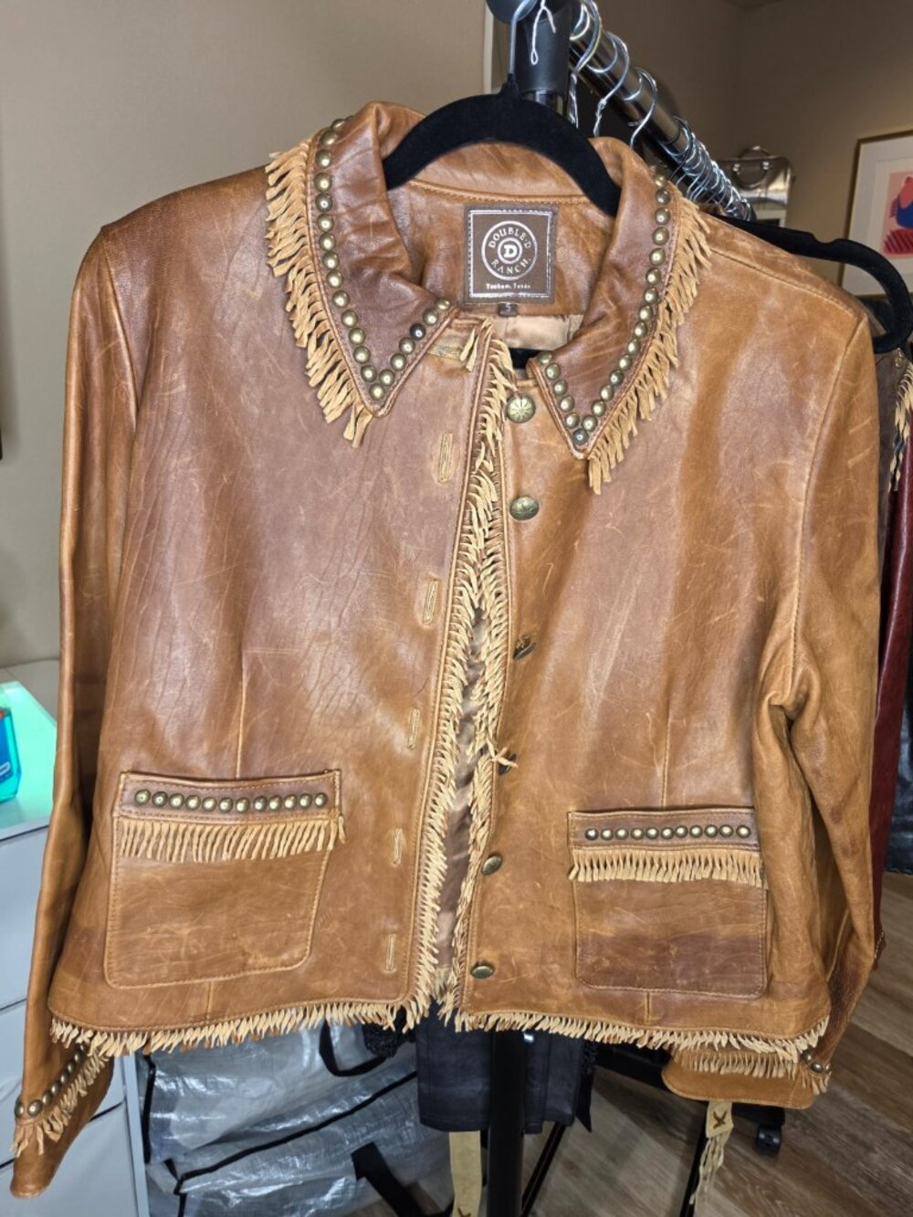Double D Ranch Cognac Leather Fringe Studded Western Jacket S